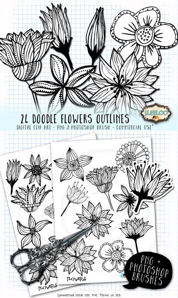 FLOWERS Digital Clip Art Doodle silhouette outline Hand-drawn Commercial Use PNG & Photoshop Brush invitation scrapbook printable cl110