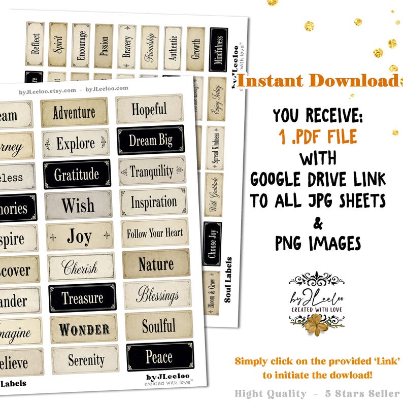 May include: Digital download of soul labels with words like "Adventure", "Gratitude", and "Peace". The labels are in a vintage style with a cream and black color scheme. The image also includes text about the instant download.