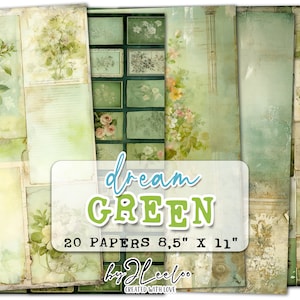 DREAM GREEN vintage shabby chic postrzępione papiery | Tło z miękkimi stronami Romantic Junk Journal | tworzenie kartek cyfrowych efemeryd | str. 640