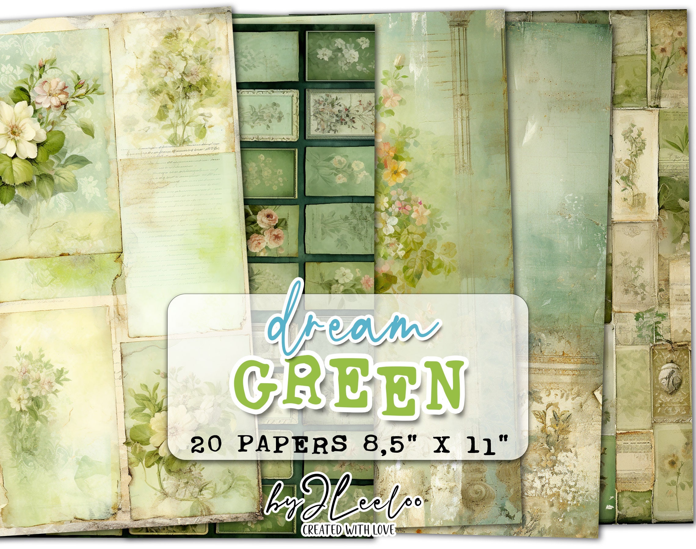 DREAM GREEN Vintage Shabby Chic Tattered Papers | Romantic DREAM GREEN Vintage Shabby Chic Tattered Papers | Romantic