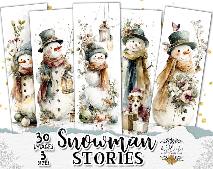 SNOWMAN STORIES vintage storybook snowman illustrations, tall Christmas designs for journals, gifts and holiday paper crafts | bm139