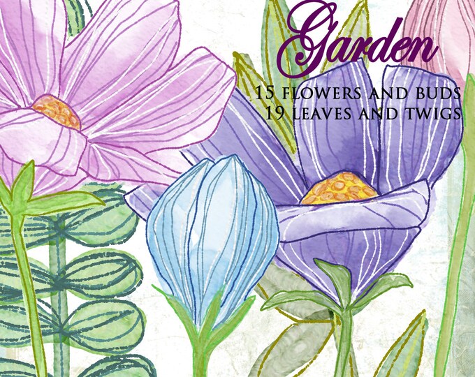 Digital watercolor clipart GARDEN flowers png jpg for scrapbooking invitations label card home decor papers instant hand painted wa103