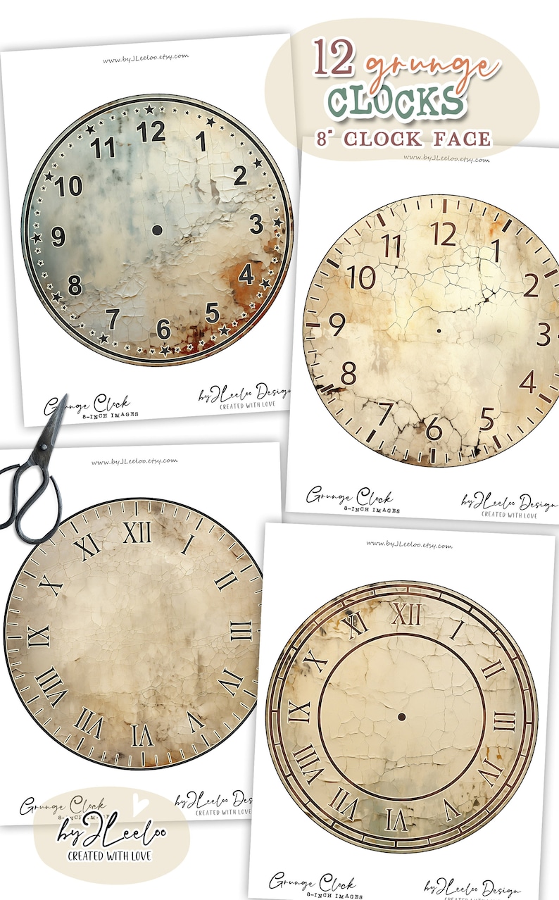 GRUNGE CLOCK 8 Inch Circle Printable Textured Damaged Clock Face Making ...