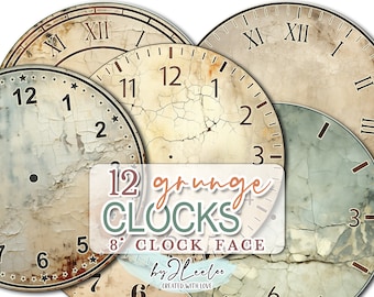 May include: A collection of twelve grunge clock faces with distressed, cracked textures. The clock faces feature Roman and Arabic numerals, with a diameter of 8 inches. The design includes the text "12 grunge CLOCKS 8" CLOCK FACE" and the name "by Heeloo".