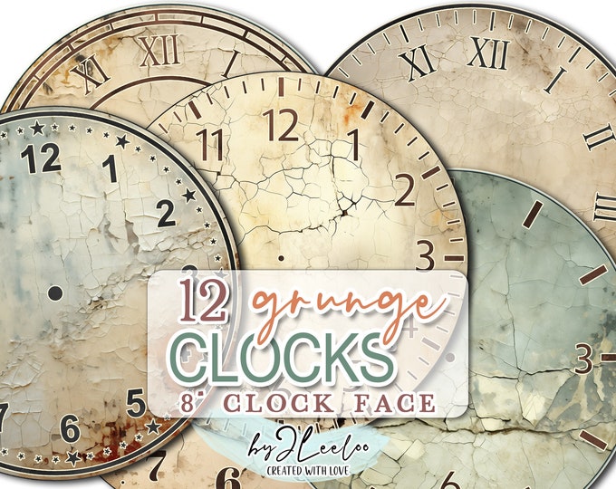 GRUNGE CLOCK 8 inch circle printable textured damaged clock face making | clock watch vintage home decor DIY project paper crafting | tn678
