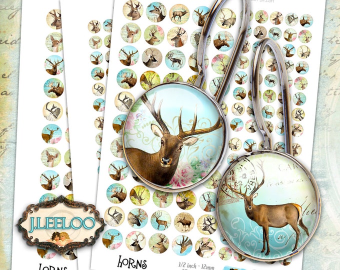 Digital collage sheet HORNS 12mm 20mm circle sheets earring ring size deer forest chic digital images jewelry instant download tn432