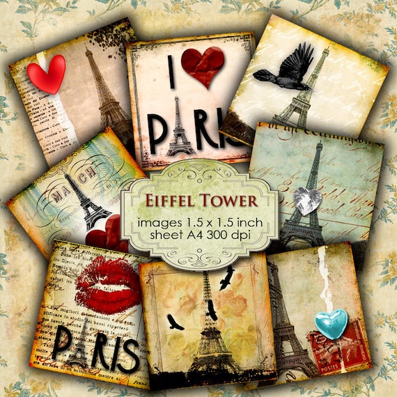 Digital collage EIFFEL TOWER 1.5 inch square paris france grunge romanrtic for pendant clipart magnet instant download printable qu136