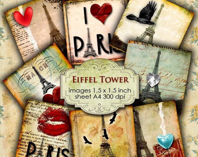 Digital collage EIFFEL TOWER 1.5 inch square paris france grunge romanrtic for pendant clipart magnet instant download printable qu136