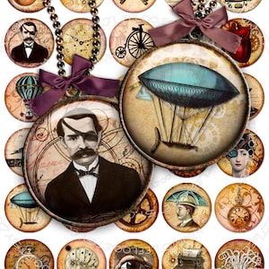 May include: A set of 16 round, 1.5 inch diameter, printable, digital scrapbook paper circles with a steampunk theme. The circles feature vintage illustrations of gears, clocks, airships, a man with an eyepatch, and other steampunk elements. The circles are perfect for crafting projects, scrapbooking, and card making.