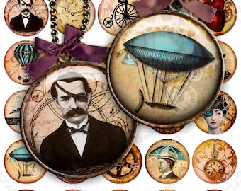 May include: A set of 16 round, 1.5 inch diameter, printable, digital scrapbook paper circles with a steampunk theme. The circles feature vintage illustrations of gears, clocks, airships, a man with an eyepatch, and other steampunk elements. The circles are perfect for crafting projects, scrapbooking, and card making.