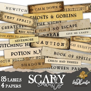 Etykiety SCARY WORDS do druku na Halloween | Junk journal gotycka kolekcja Ephemera | cyfrowe scrapbooking małe etykiety inspirujące | tl282