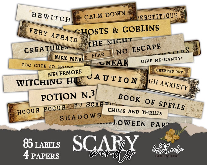 SCARY WORDS labels printable halloween | Junk journal gothic collection Ephemera | digital scrapbooking small tags inspirational | tl282
