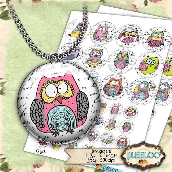 Digital collage OWL 2 inch and 1 inch rounds clipart digital images for pendant jewelry magnet instant download printable tn406