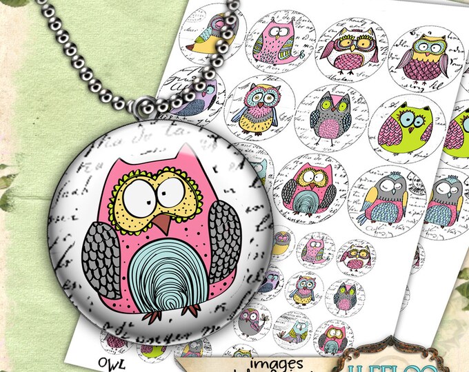 Digital collage OWL 2 inch and 1 inch rounds clipart digital images for pendant jewelry magnet instant download printable tn406