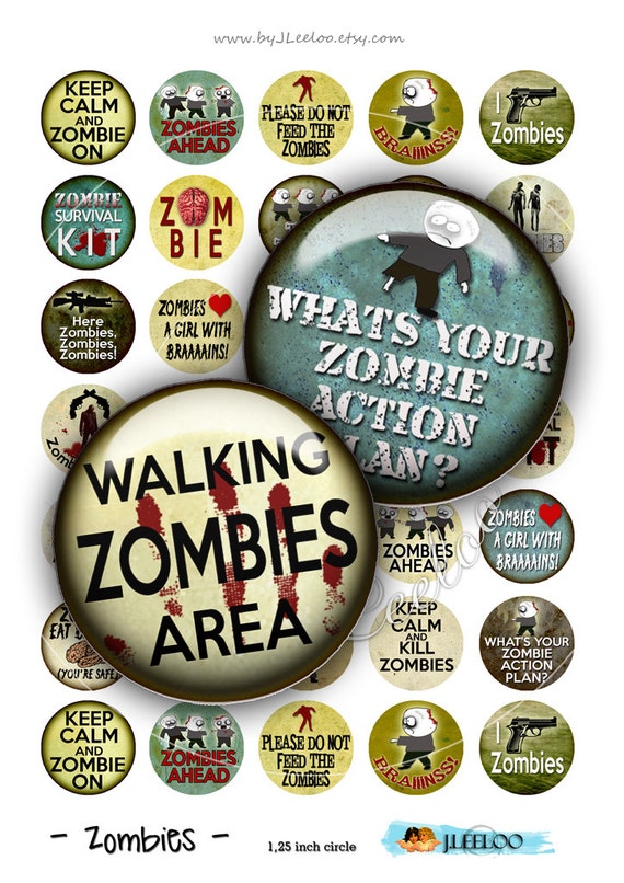 Digital collage ZOMBIES 1.25 inch circle apocalypse scary halloween walking dead magnet stickers pendant instant download printable tn473