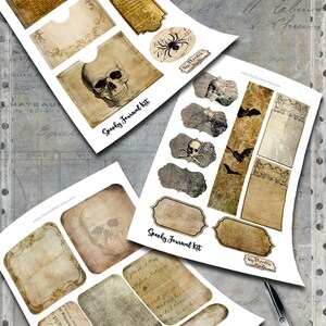May include: A collection of vintage-style paper ephemera for journaling, featuring skulls, bats, and spider graphics. The papers have a distressed, aged appearance with text and labels. The phrase "Spooky Journal Kit" is visible.