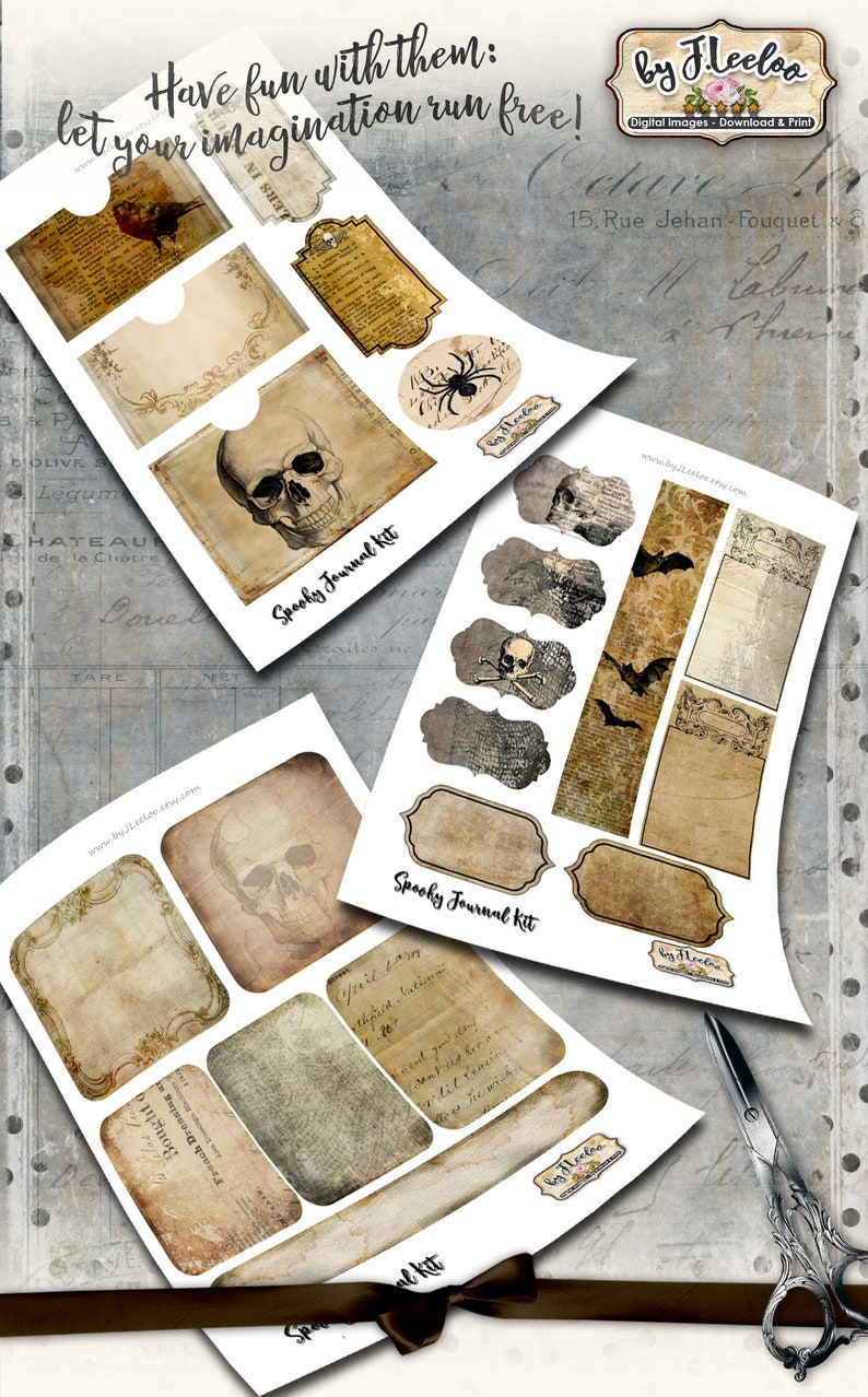 May include: A collection of vintage-style paper ephemera for journaling, featuring skulls, bats, and spider graphics. The papers have a distressed, aged appearance with text and labels. The phrase "Spooky Journal Kit" is visible.
