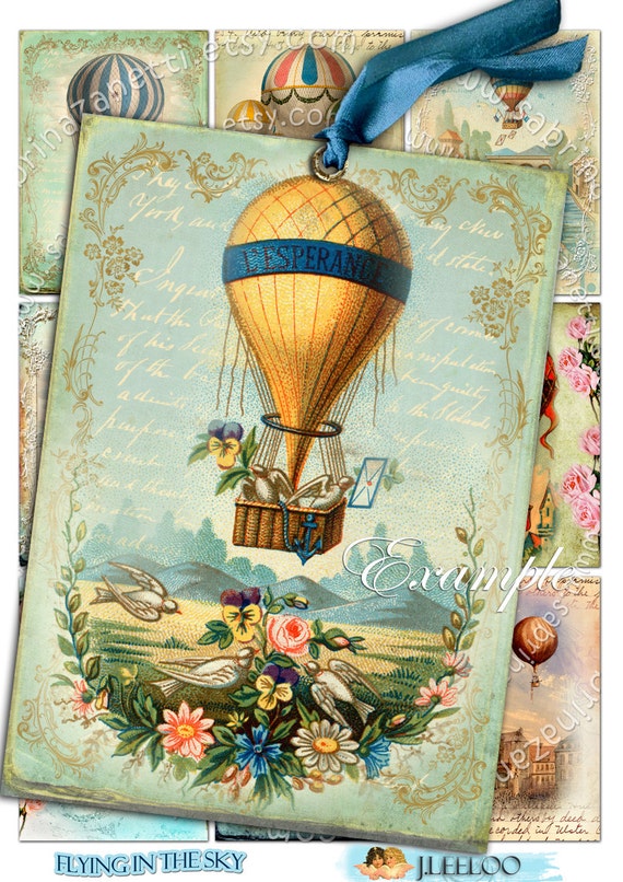 FLYING in the SKY atc aceo size  printable Digital collage sheet mongolphier air balloon instant download backround ac143