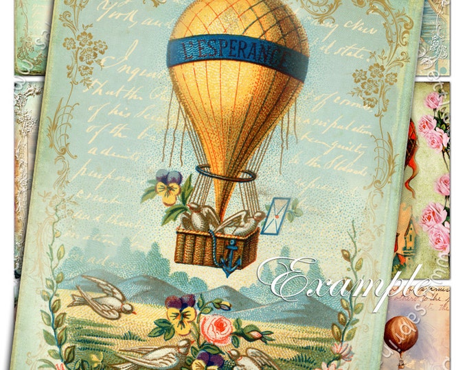 FLYING in the SKY atc aceo size  printable Digital collage sheet mongolphier air balloon instant download backround ac143