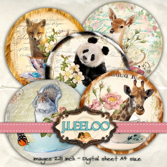 Digital print TEACUP WITH FRIENDS 2.5 inch circle hang tag wild animal images pendant magnet instant download printable image tn336