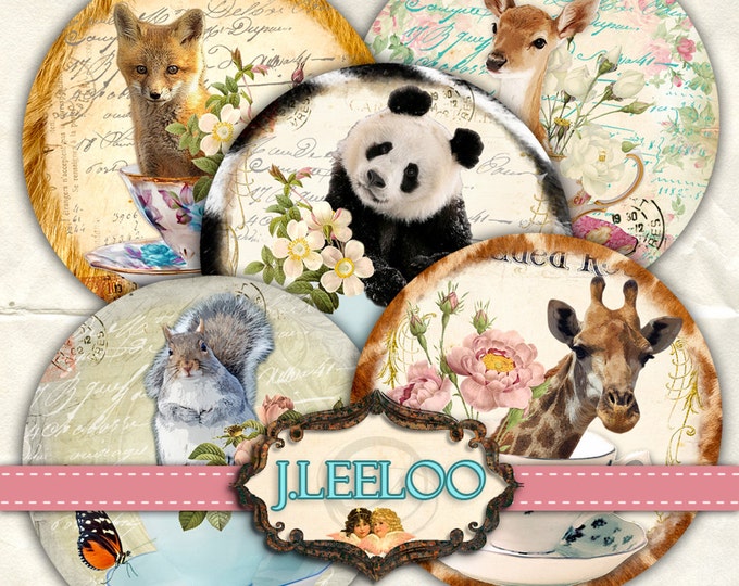 Digital print TEACUP WITH FRIENDS 2.5 inch circle hang tag wild animal images pendant magnet instant download printable image tn336