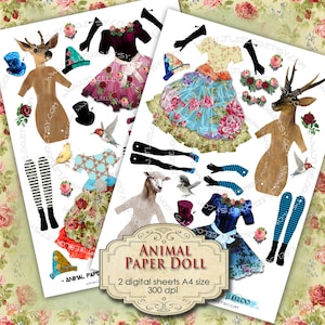 ANIMAL PAPER DOLL digital altered art Digital collage sheet  for journal page scrapbooking diary art instant download printable pp177