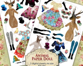 ANIMAL PAPER DOLL digital altered art Digital collage sheet  for journal page scrapbooking diary art instant download printable pp177