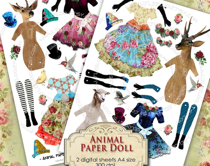 ANIMAL PAPER DOLL digital altered art Digital collage sheet  for journal page scrapbooking diary art instant download printable pp177