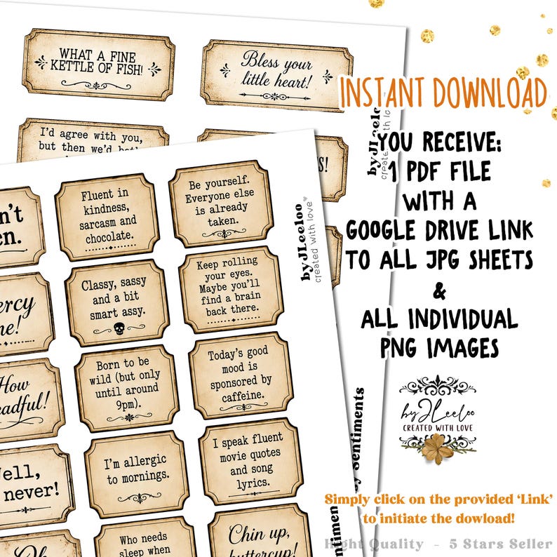 May include: A digital collection of printable rectangular labels with vintage-style beige backgrounds and black borders. Each label features unique humorous text such as What a fine kettle of fish, Bless your little heart, and Fluent in kindness, sarcasm and chocolate. The set includes PDF, JPG, and PNG file formats.