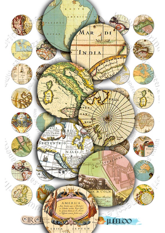 CIRCLES MAPS Digital collage sheet 1 inch circles printable download for pendants bottle caps bezel trays cabochon setting magnets tn122