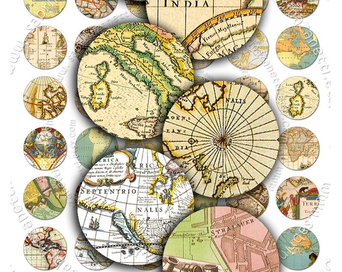 CIRCLES MAPS Digital collage sheet 1 inch circles printable download for pendants bottle caps bezel trays cabochon setting magnets tn122