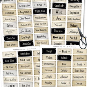 May include: Digital sheet of 162 images with inspirational words and phrases. Each label is rectangular with a vintage design. The words are in a serif font, with some labels having a black background.