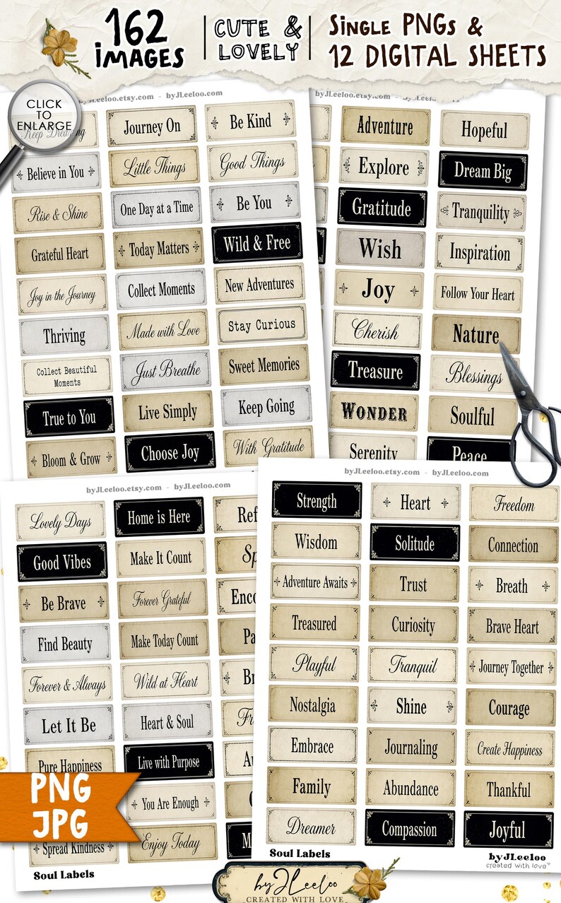May include: Digital sheet of 162 images with inspirational words and phrases. Each label is rectangular with a vintage design. The words are in a serif font, with some labels having a black background.