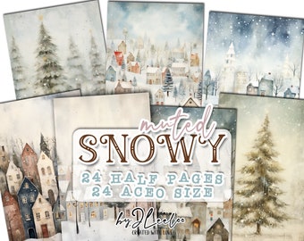 MUTED SNOWY christmas half pages printable for junk journal Mixed Media | Holidays supplies card making collage diary stationery | pp657