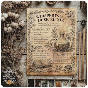 May include: A vintage-style print titled "Whispering Dusk Elixir" with botanical illustrations and text. The print lists ingredients and effects, featuring a potion bottle, an open book, and a warning about solar eclipses. The color palette is warm, with earthy tones.