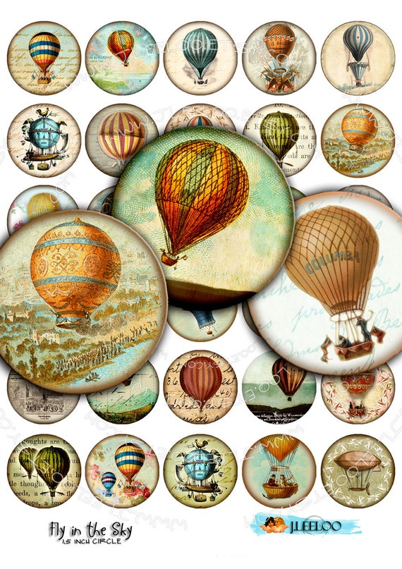 Digital collages FLY in the SKY 1.5 inch circle hot air balloon montgolfier for pendant magnet craft instant download print paper tn211