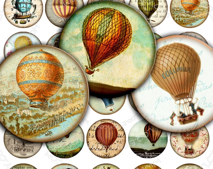 Digital collages FLY in the SKY 1.5 inch circle hot air balloon montgolfier for pendant magnet craft instant download print paper tn211