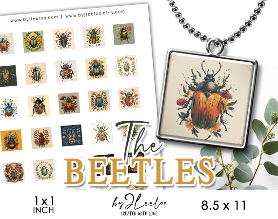 THE BEETLES 1x1 inch printable | supplies square pendant keychain mountings cameo setting | glass cabochon sublimation images DiY | qu604