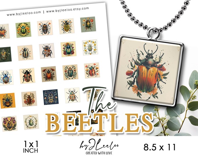 THE BEETLES 1x1 inch printable | supplies square pendant keychain mountings cameo setting | glass cabochon sublimation images DiY | qu604