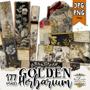 May include: A collection of vintage-style digital images featuring botanical illustrations, floral designs, and decorative elements. The images include bookmarks, tags, and cards with a color palette of gold, black, and cream. The text "GOLDEN Herbarium" and "177 IMAGES" are visible.