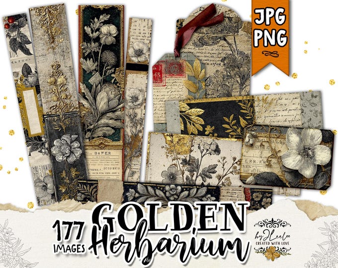 GOLDEN HERBARIUM Vintage Botanical Printable Ephemera | Floral Junk Journal Gold Accents | Antique Flower Collage Sheet Scrapbooking | tl348