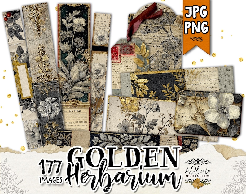 May include: A collection of vintage-style digital images featuring botanical illustrations, floral designs, and decorative elements. The images include bookmarks, tags, and cards with a color palette of gold, black, and cream. The text "GOLDEN Herbarium" and "177 IMAGES" are visible.
