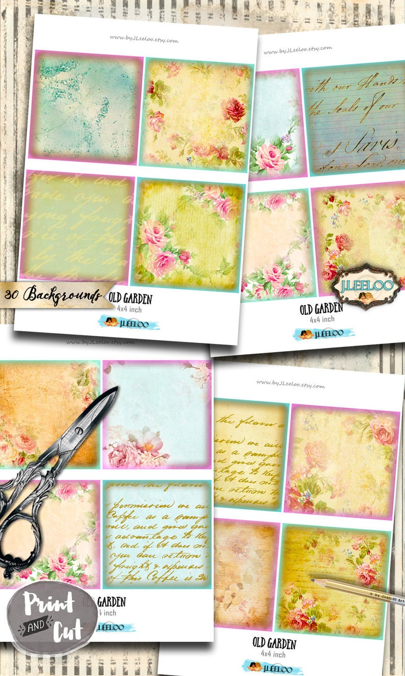 OLD GARDEN digital 4x4 inch square backgrounds coaster greeting cards card making button magnets instant download printable qu499 image 3