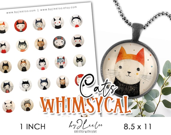 WHIMSICAL CATS 1 inch printable | supplies round pendant sticker charms glass cabochon magnet | ornaments journal scrapbooking craft | tn704
