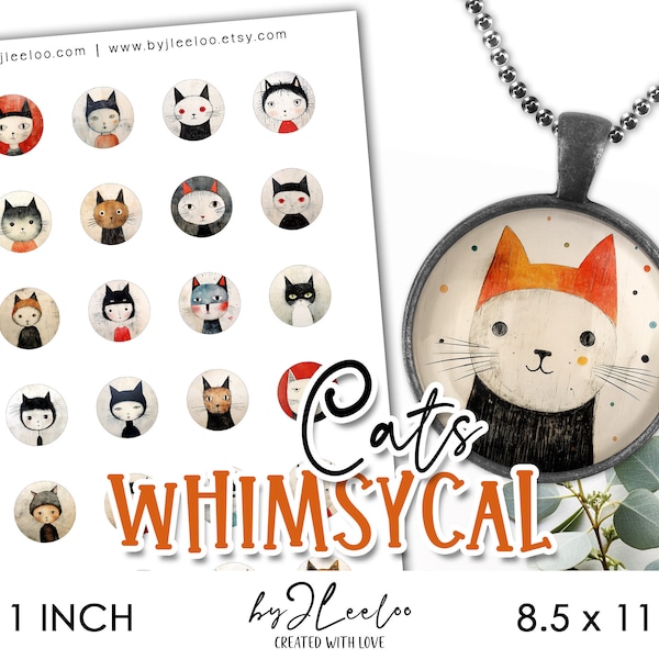WHIMSICAL CATS 1 inch printable | supplies round pendant sticker charms glass cabochon magnet | ornaments journal scrapbooking craft | tn704