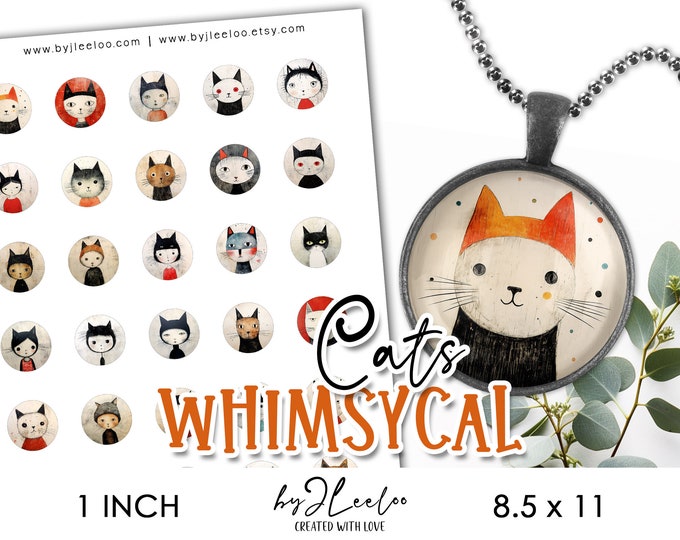 WHIMSICAL CATS 1 inch printable | supplies round pendant sticker charms glass cabochon magnet | ornaments journal scrapbooking craft | tn704