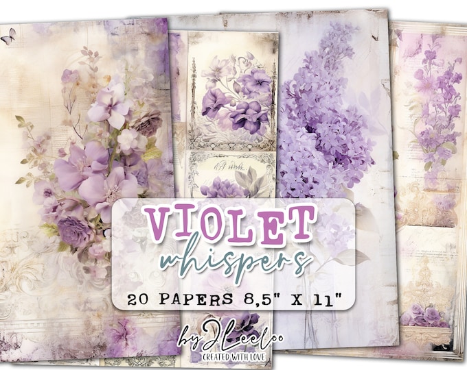 VIOLET WHISPERS vintage tattered shabby chic papers | Junk Journal Romantic lavander background | digital ephemera card making | pp646