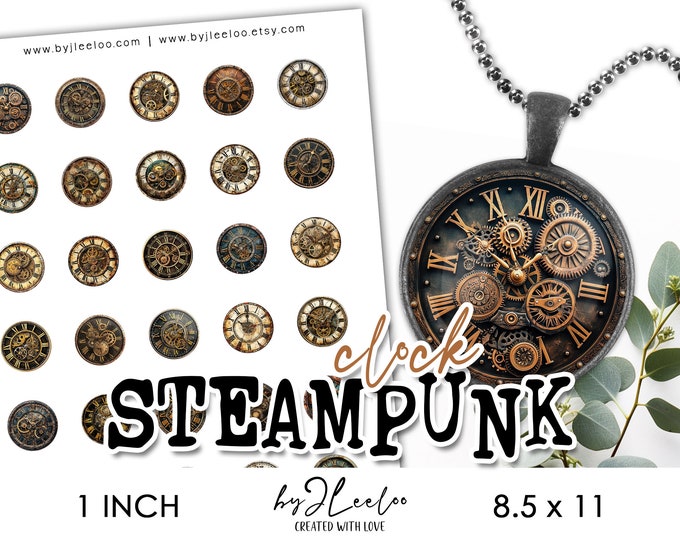 STEAMPUNK CLOCK 1 inch printable | Vintage supplies round pendant pin sticker cameo | fussy cut decoration junk journal scrapbooking | tn764