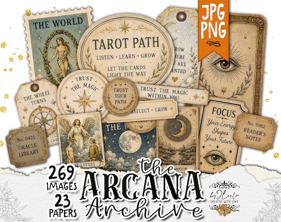 THE ARCANA ARCHIVE Vintage Tarot Ephemera, Junk Journal Kit, Mystical Clipart, Printable Labels, Celestial Scrapbook Papers | ppK72