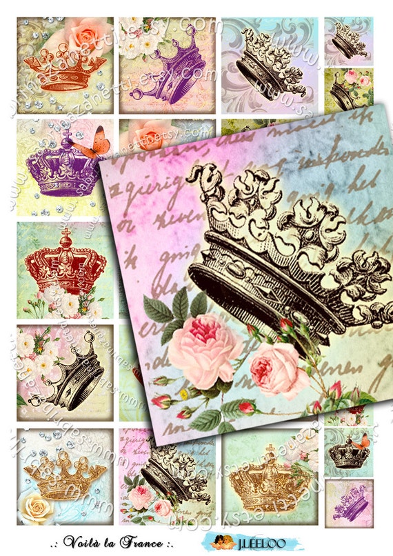Digital collage sheet VOILA' LA FRANCE 2x2 inch square crown paris for hang tags magnets stickers instant download collage qu227